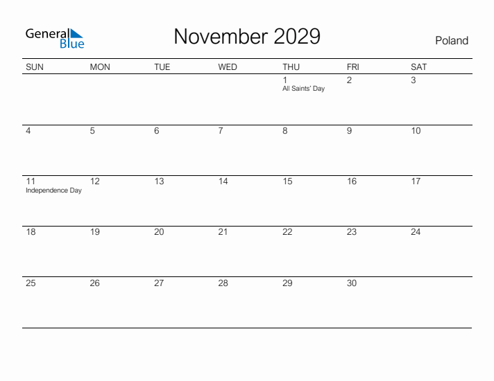 Printable November 2029 Calendar for Poland