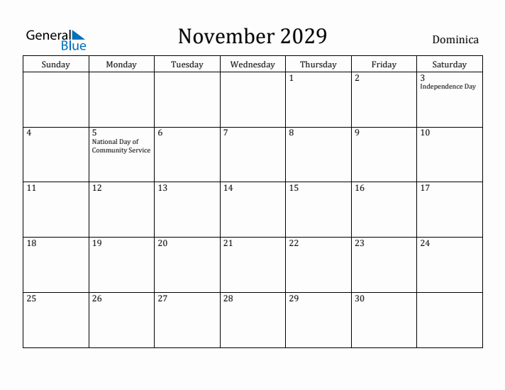 November 2029 Calendar Dominica