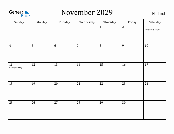 November 2029 Calendar Finland