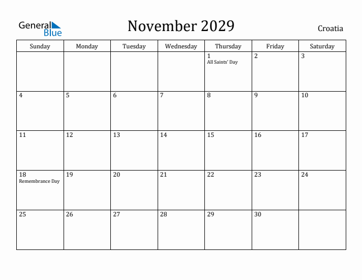 November 2029 Calendar Croatia