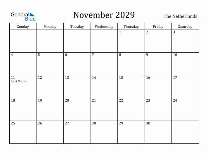 November 2029 Calendar The Netherlands