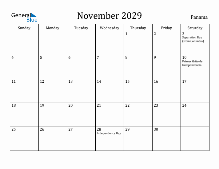 November 2029 Calendar Panama