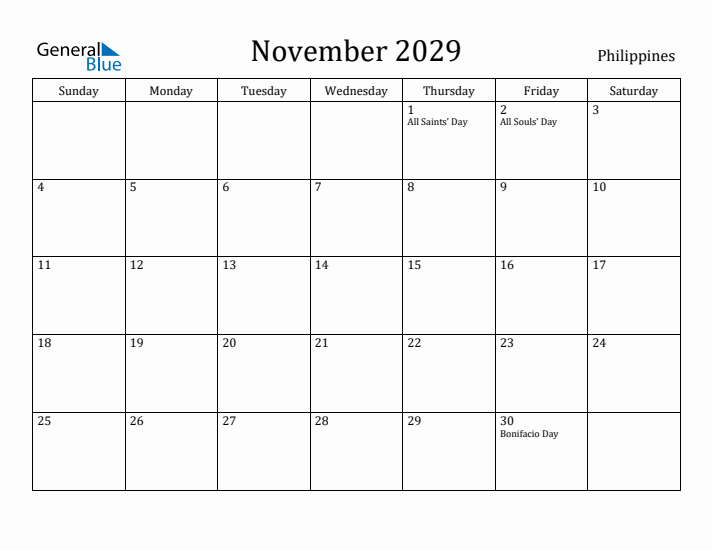 November 2029 Calendar Philippines