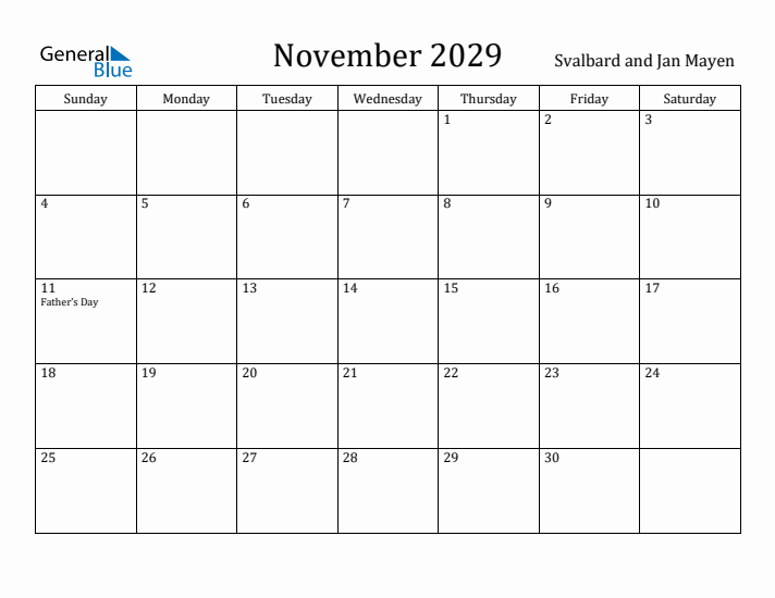 November 2029 Calendar Svalbard and Jan Mayen