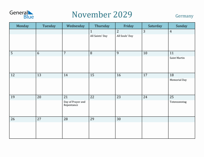 November 2029 Calendar with Holidays