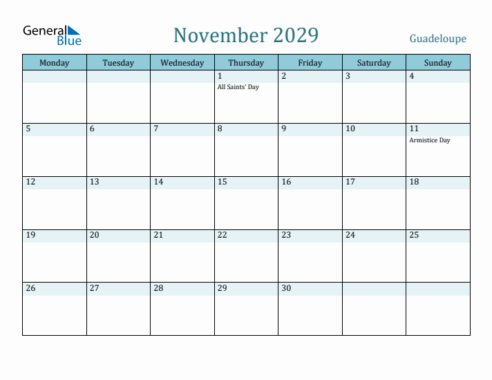 November 2029 Calendar with Holidays