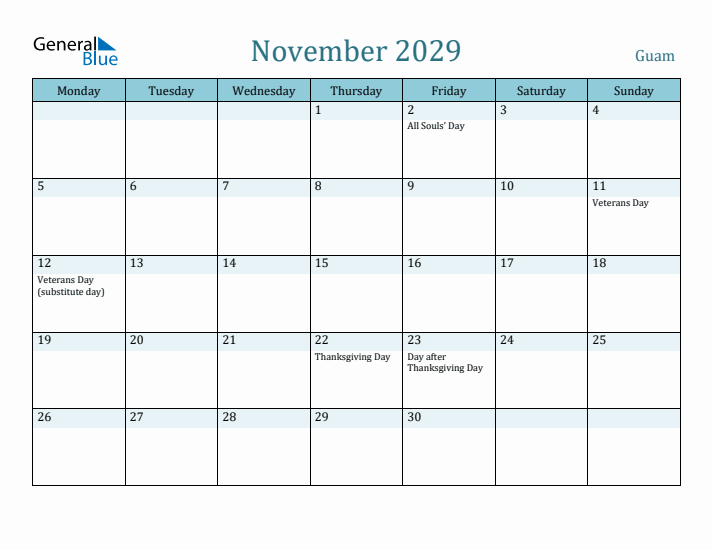 November 2029 Calendar with Holidays