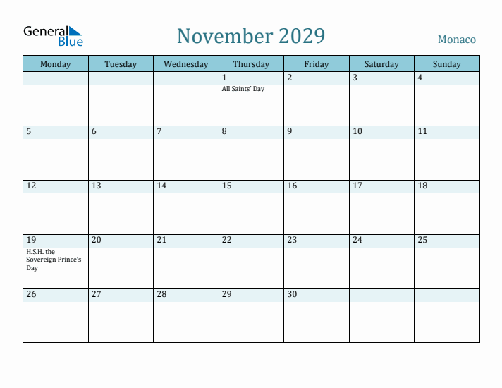 November 2029 Calendar with Holidays