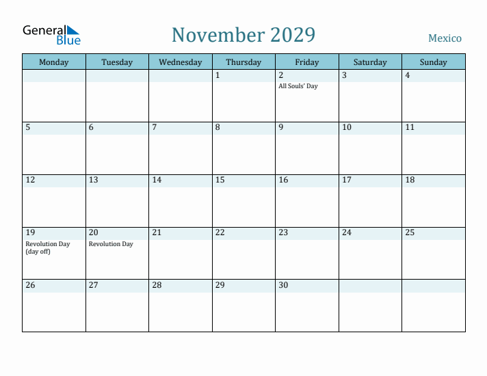 November 2029 Calendar with Holidays