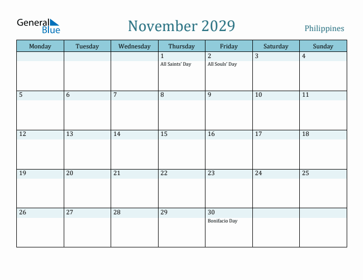 November 2029 Calendar with Holidays