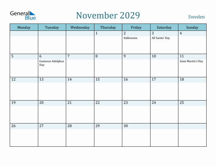 November 2029 Calendar with Holidays