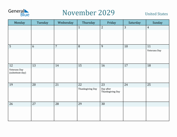 November 2029 Calendar with Holidays