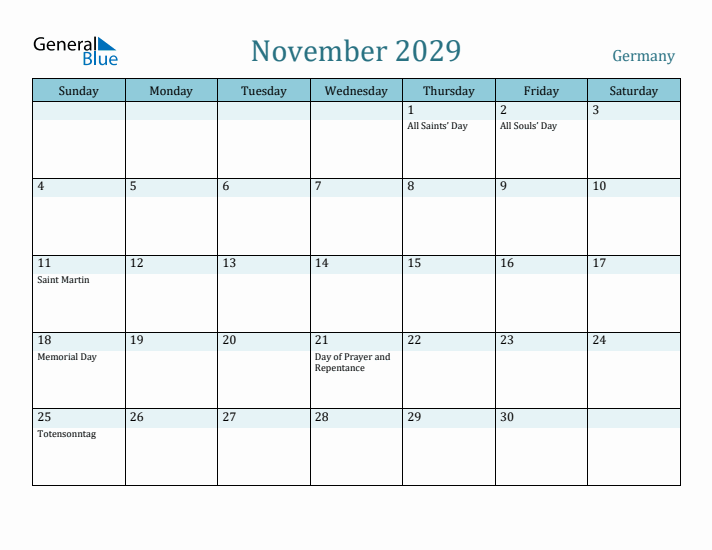 November 2029 Calendar with Holidays