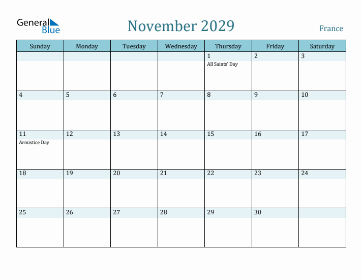 November 2029 Calendar with Holidays