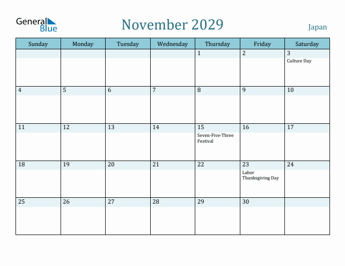 November 2029 Calendar with Holidays