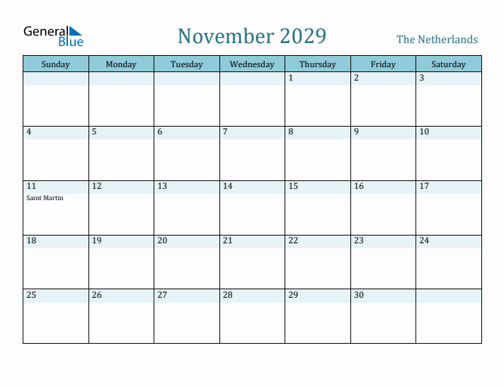 November 2029 Calendar with Holidays