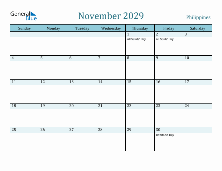 November 2029 Calendar with Holidays