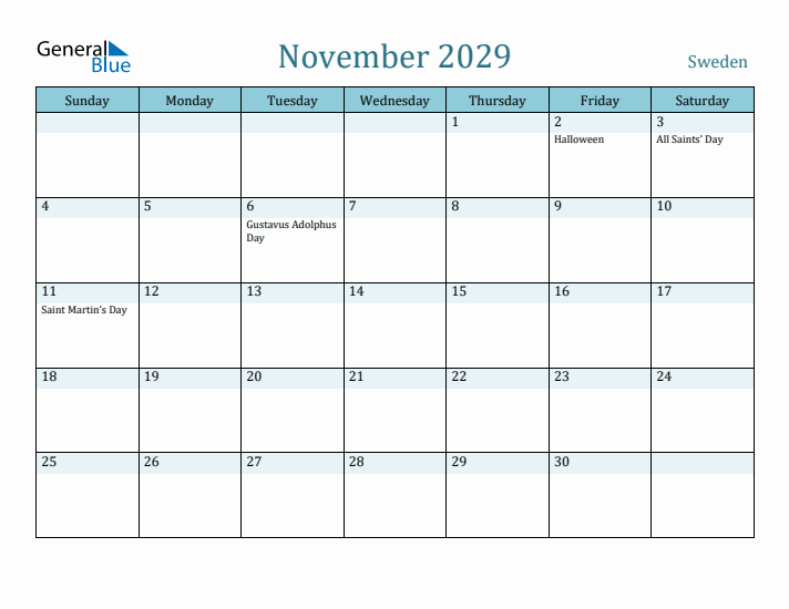 November 2029 Calendar with Holidays