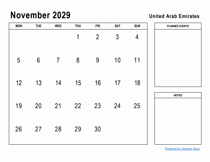 November 2029 Printable Monthly Calendar with United Arab Emirates Holidays