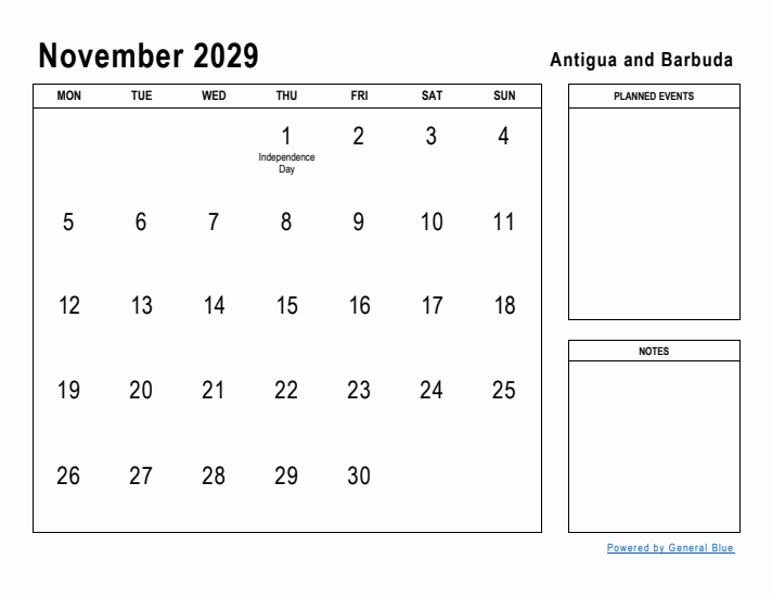 November 2029 Printable Monthly Calendar with Antigua and Barbuda Holidays