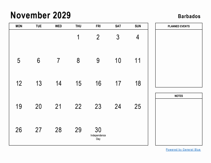 November 2029 Printable Monthly Calendar with Barbados Holidays