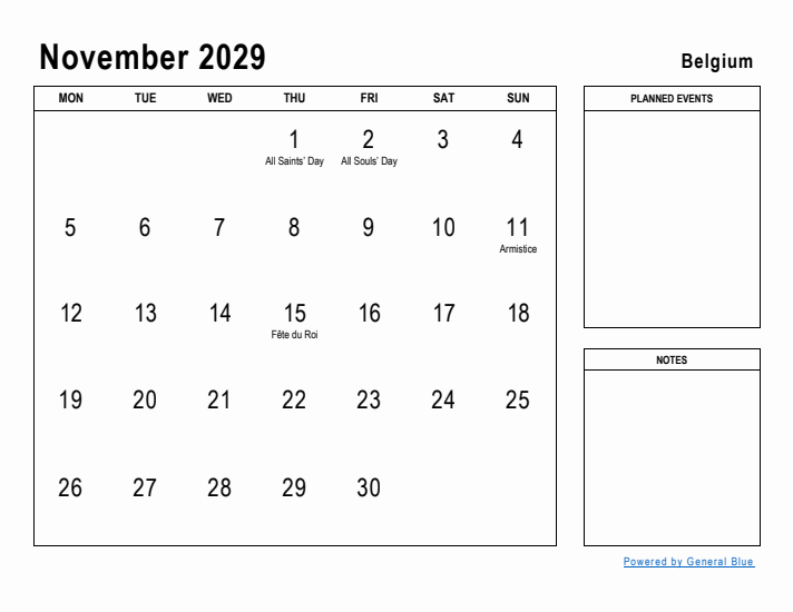 November 2029 Printable Monthly Calendar with Belgium Holidays