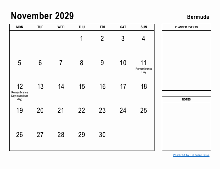 November 2029 Printable Monthly Calendar with Bermuda Holidays