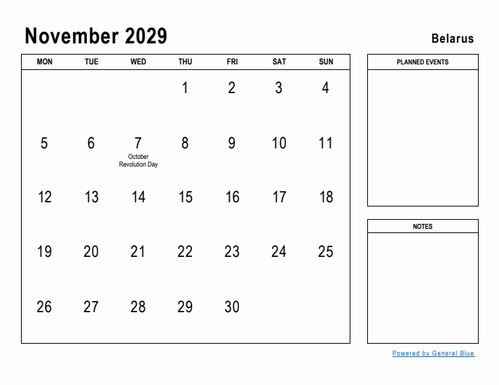 November 2029 Printable Monthly Calendar with Belarus Holidays