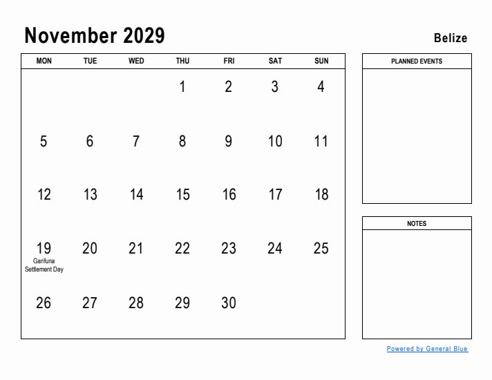 November 2029 Printable Monthly Calendar with Belize Holidays