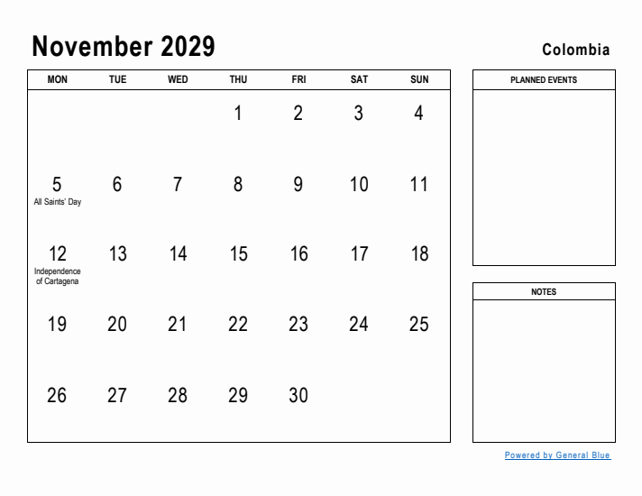 November 2029 Printable Monthly Calendar with Colombia Holidays