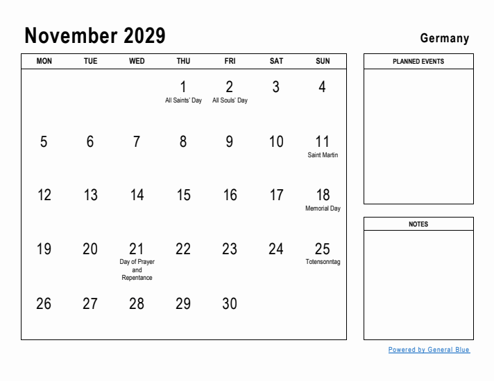 November 2029 Printable Monthly Calendar with Germany Holidays