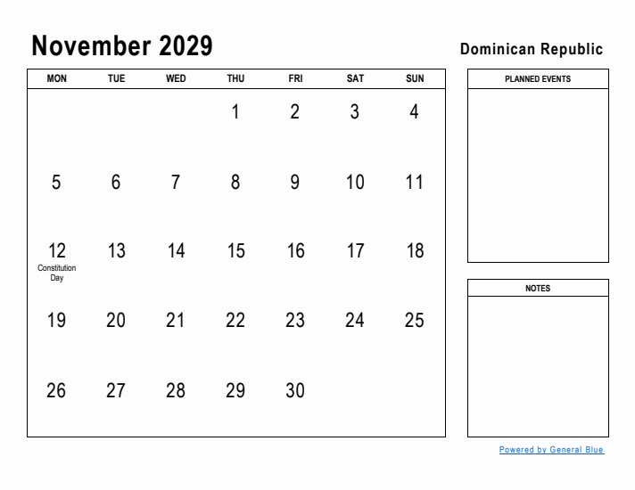 November 2029 Printable Monthly Calendar with Dominican Republic Holidays