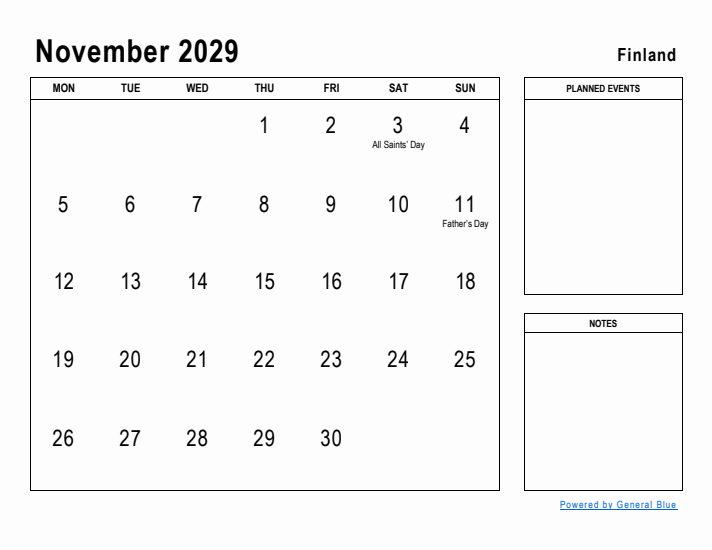 November 2029 Printable Monthly Calendar with Finland Holidays