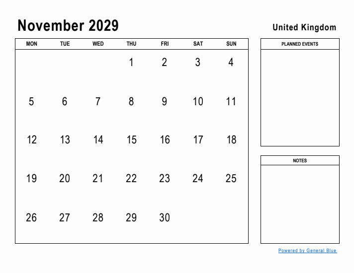 November 2029 Printable Monthly Calendar with United Kingdom Holidays