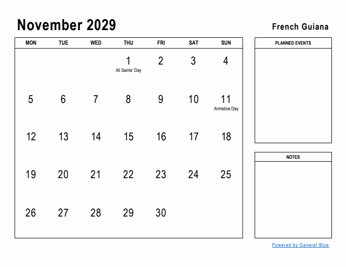 November 2029 Printable Monthly Calendar with French Guiana Holidays