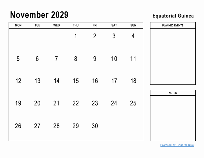 November 2029 Printable Monthly Calendar with Equatorial Guinea Holidays