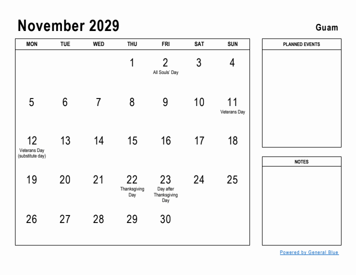 November 2029 Printable Monthly Calendar with Guam Holidays