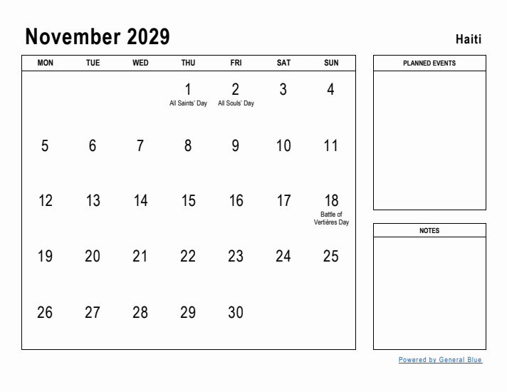 November 2029 Printable Monthly Calendar with Haiti Holidays