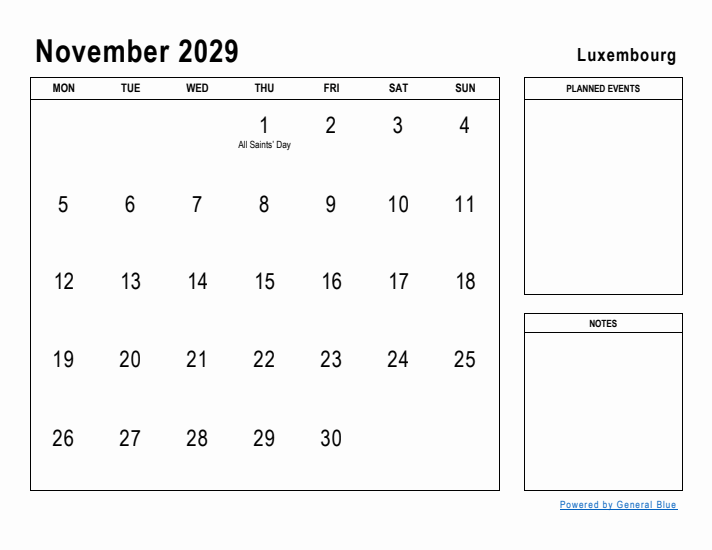 November 2029 Printable Monthly Calendar with Luxembourg Holidays