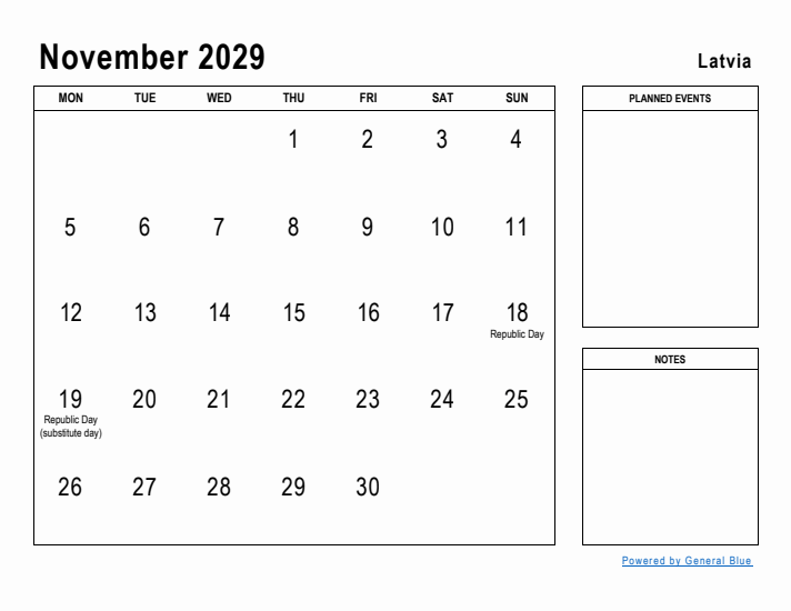 November 2029 Printable Monthly Calendar with Latvia Holidays