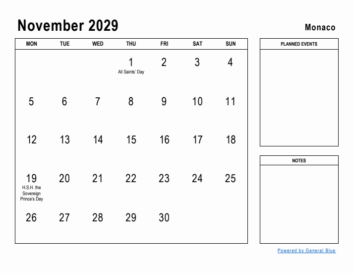 November 2029 Printable Monthly Calendar with Monaco Holidays