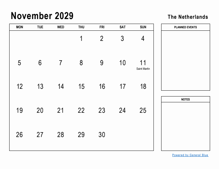 November 2029 Printable Monthly Calendar with The Netherlands Holidays