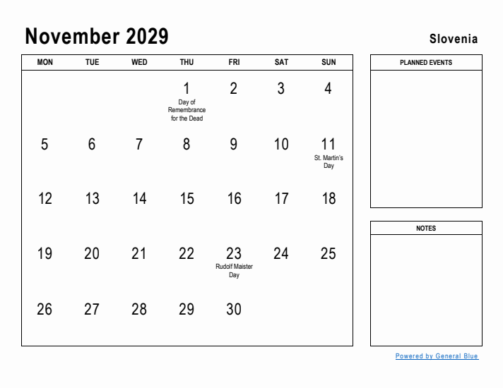 November 2029 Printable Monthly Calendar with Slovenia Holidays