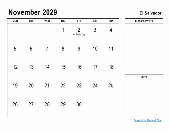 November 2029 Printable Monthly Calendar with El Salvador Holidays