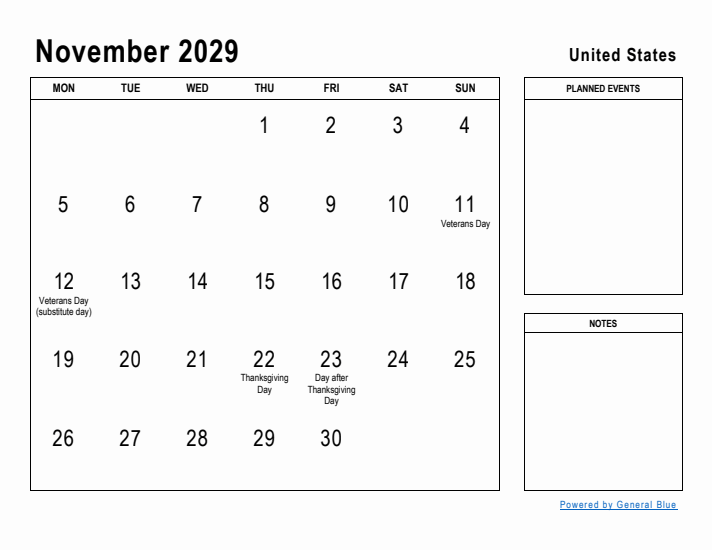 November 2029 Printable Monthly Calendar with United States Holidays