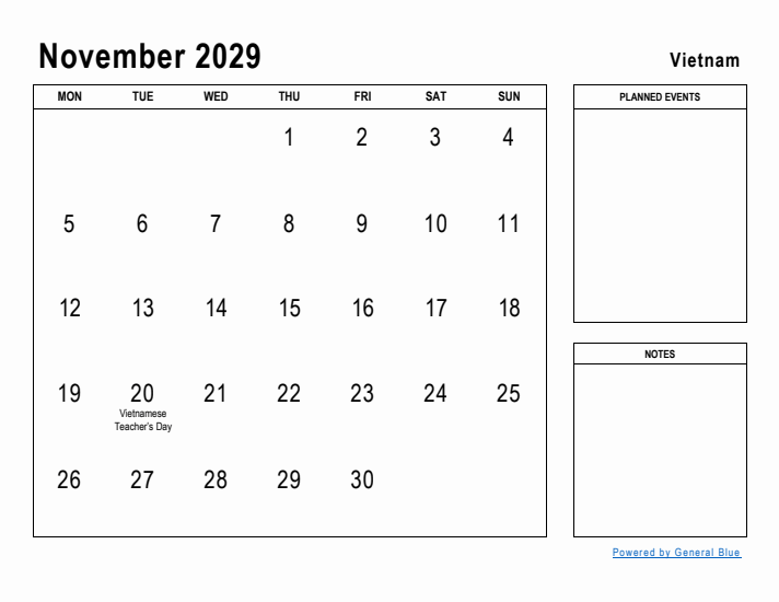 November 2029 Printable Monthly Calendar with Vietnam Holidays