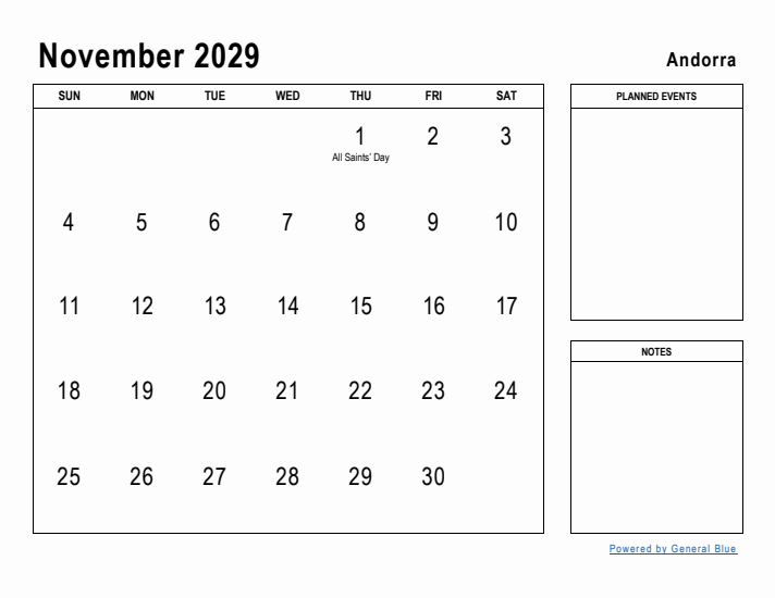 November 2029 Printable Monthly Calendar with Andorra Holidays