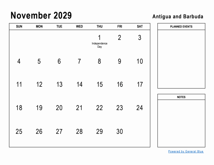 November 2029 Printable Monthly Calendar with Antigua and Barbuda Holidays