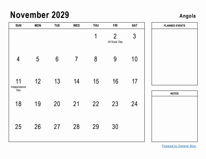 November 2029 Printable Monthly Calendar with Angola Holidays