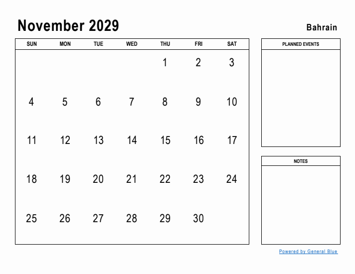 November 2029 Printable Monthly Calendar with Bahrain Holidays